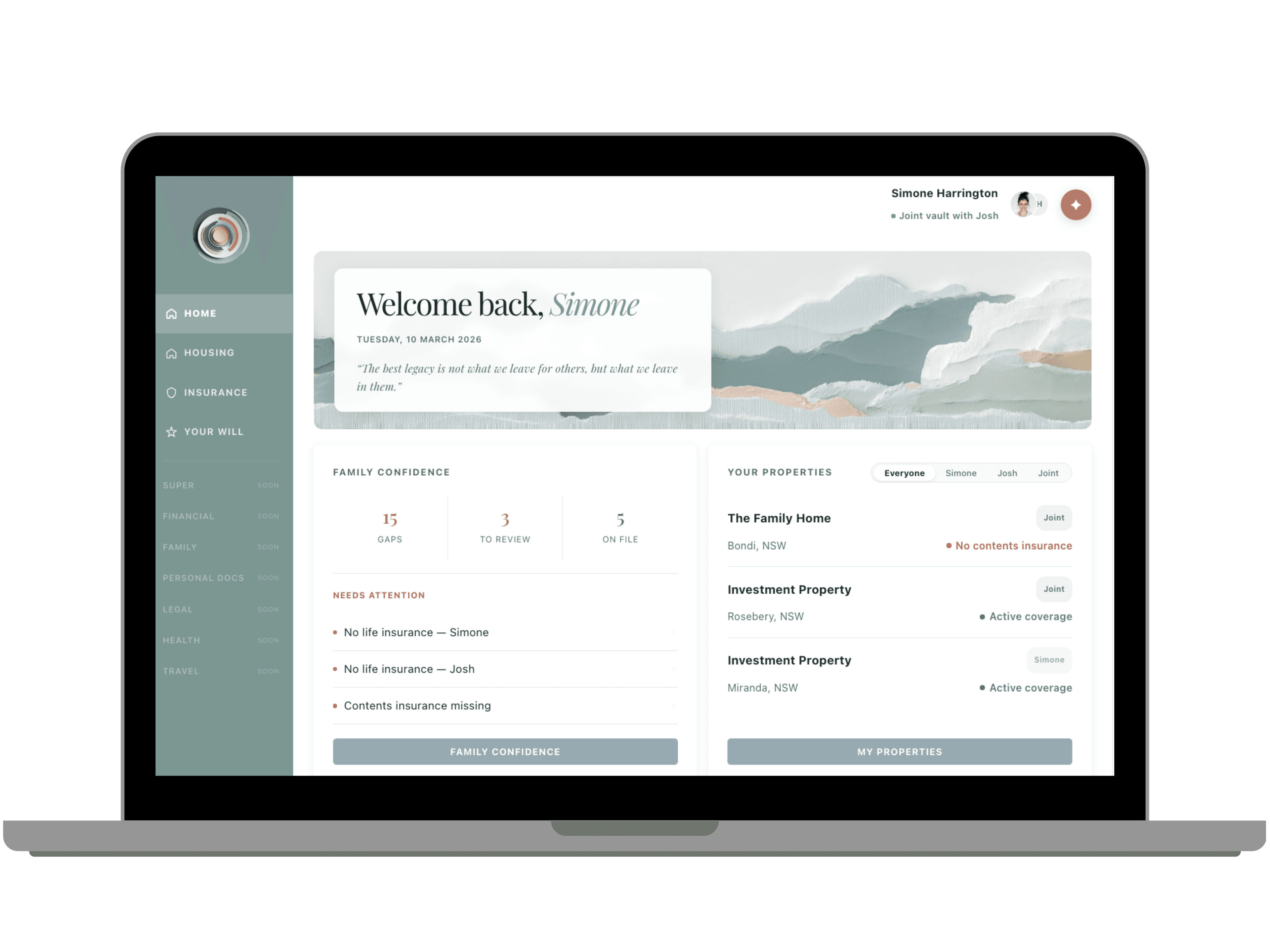 Tribu dashboard showing insurance home with coverage gaps and policy cards